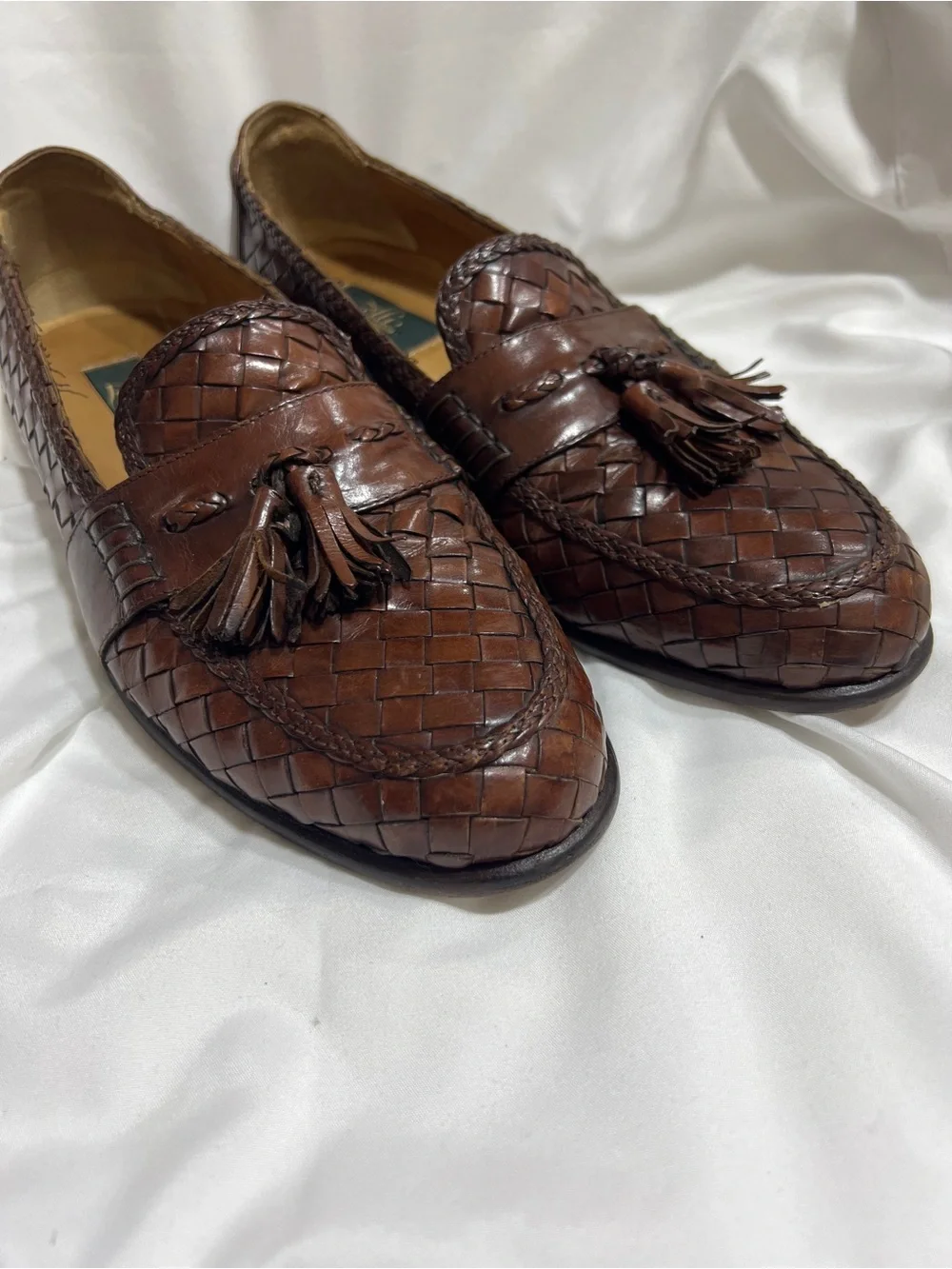 Men's Brown Woven Leather Tassel Loafers Zelli 11.5